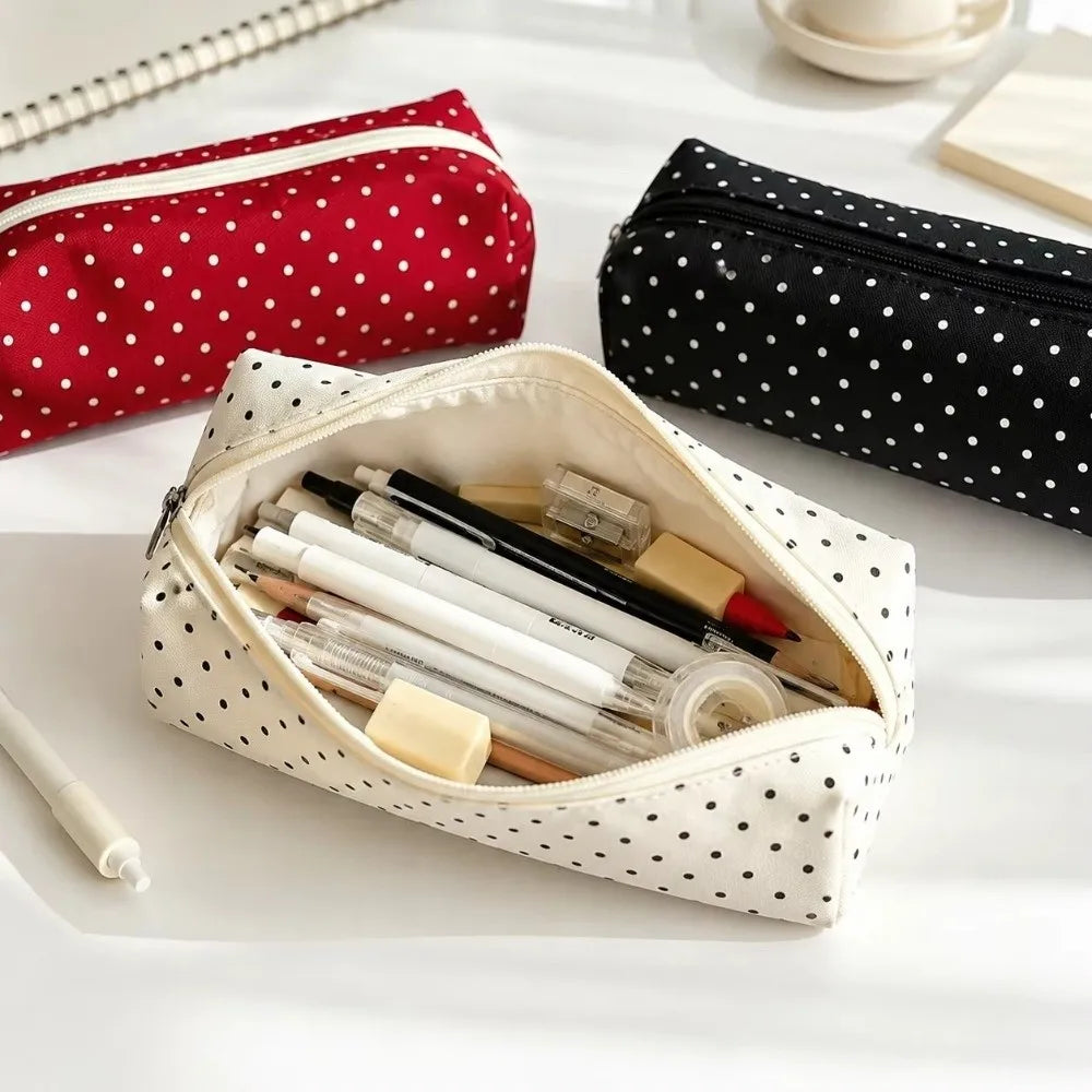 Polka Dot Canvas Pencil Case – Large Capacity Zipper Pouch