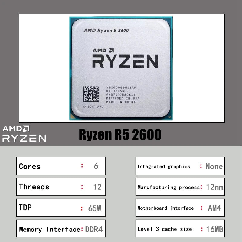 AMD Ryzen 5 2600 6-Core AM4 CPU – 3.4GHz 65W Processor