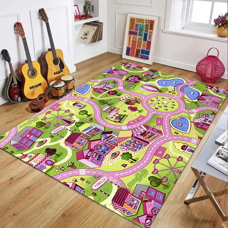Pink Kids Play Rug – Town Road Track Mat, Non-Slip & Washable
