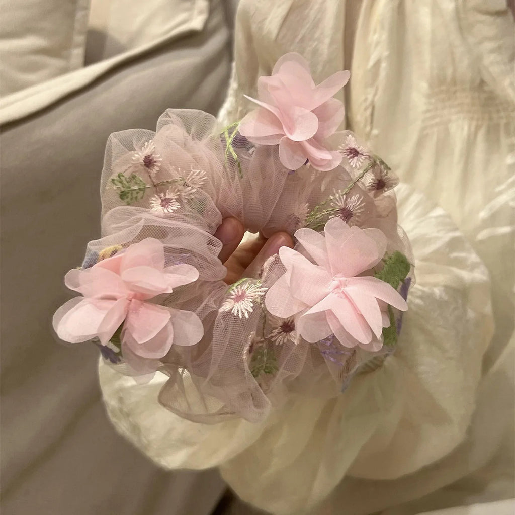 Flower Embroidery Netting Hair Bow – Ponytail & Headband