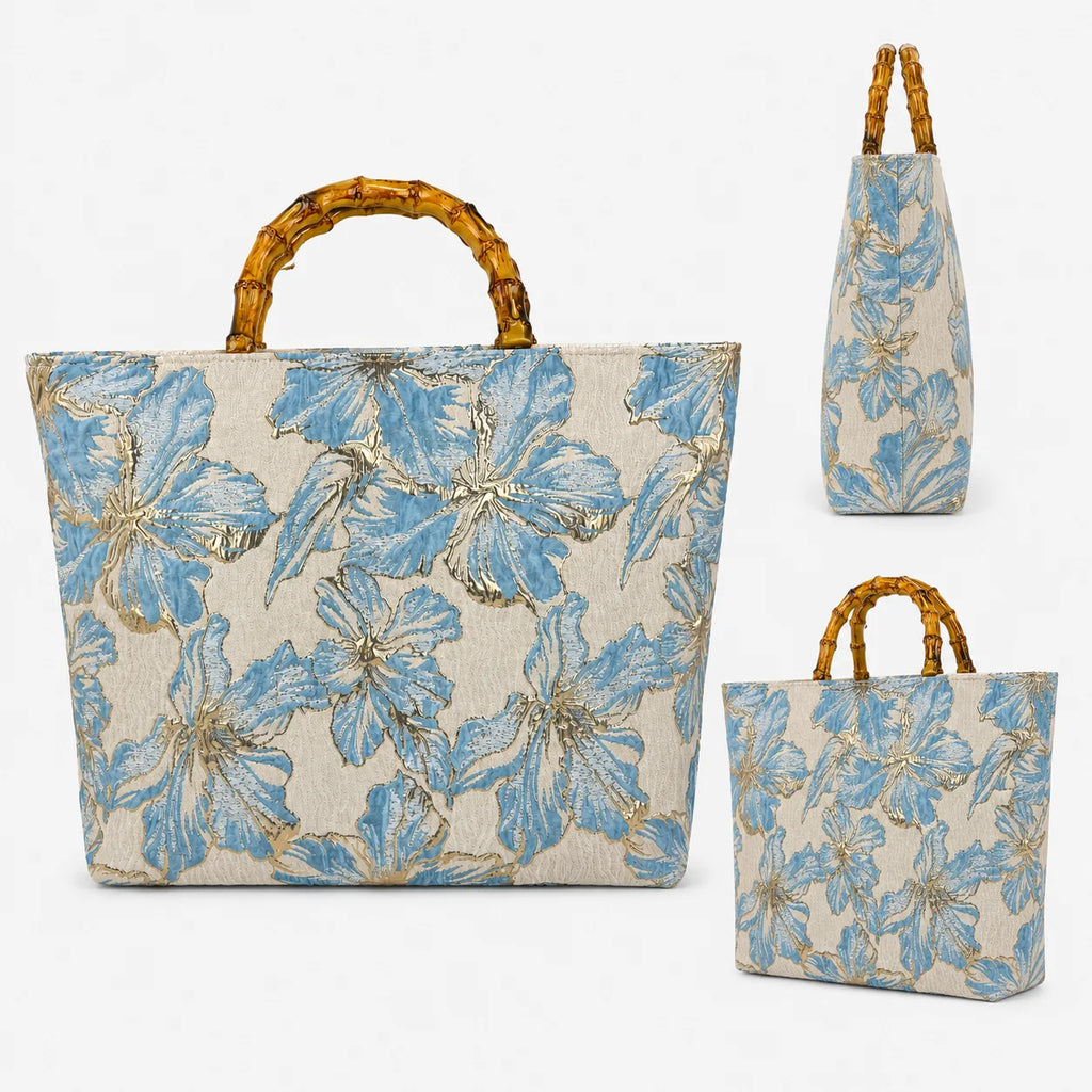 Women's Floral Tote Bag – Bamboo Handle Beach Shoulder Bag