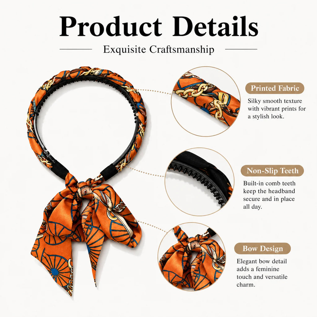 Women's Printed Scarf Bow Headband – Non-Slip Braided Hairband