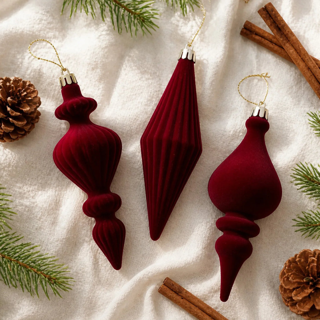 Flocked Irregular Christmas Ornaments – 6-Piece Burgundy Set