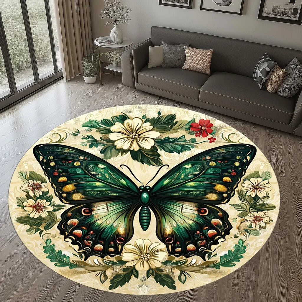 Butterfly Floral Round Area Rug – Anti-Slip Flannel Floor Mat