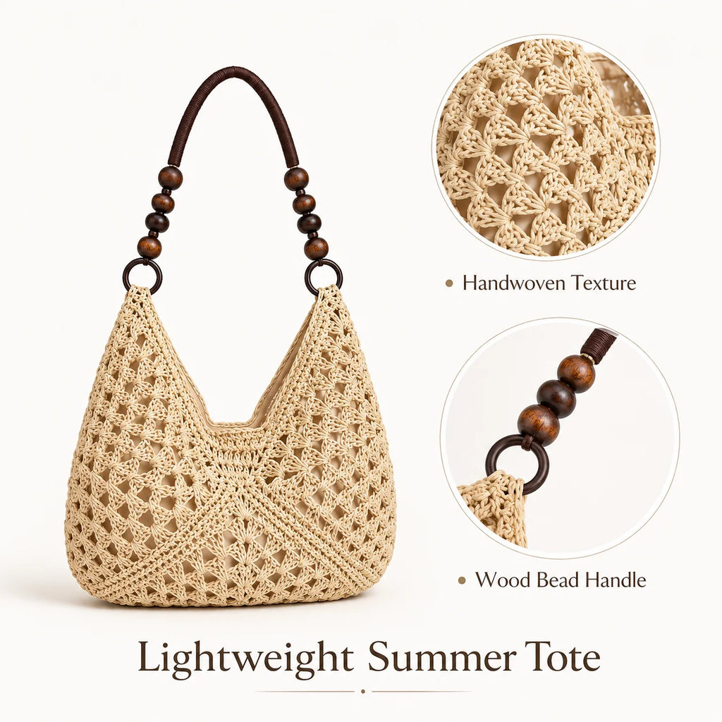 Women's Chinese Style Straw Bucket Tote Shoulder Bag