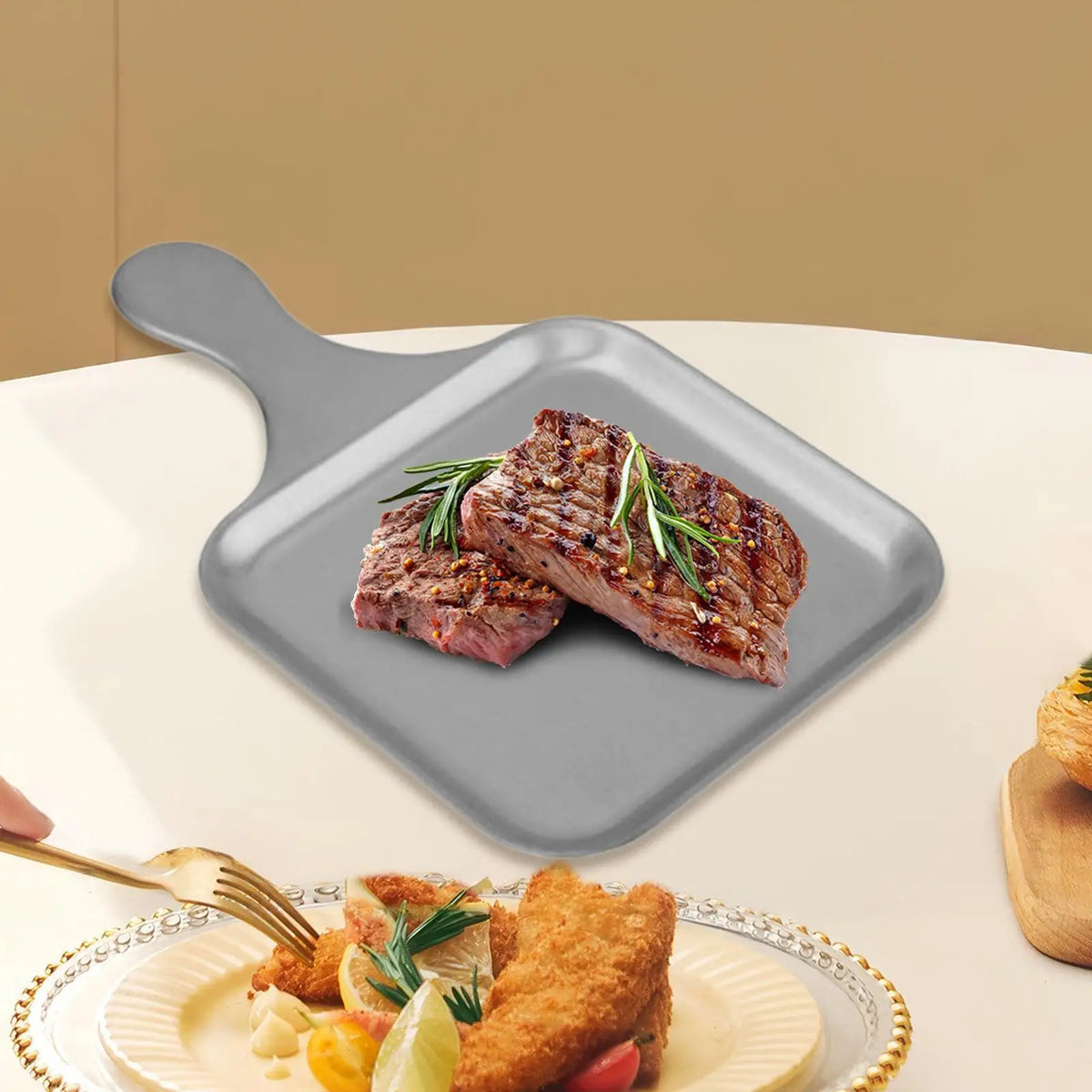 Stainless Steel Serving Tray with Handle | Steak & Food Plate