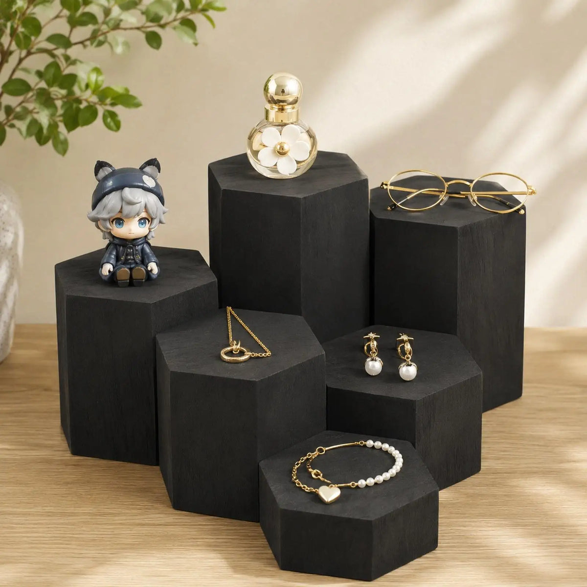 6-Piece Wooden Hexagon Display Risers – Jewelry & Buffet Stand
