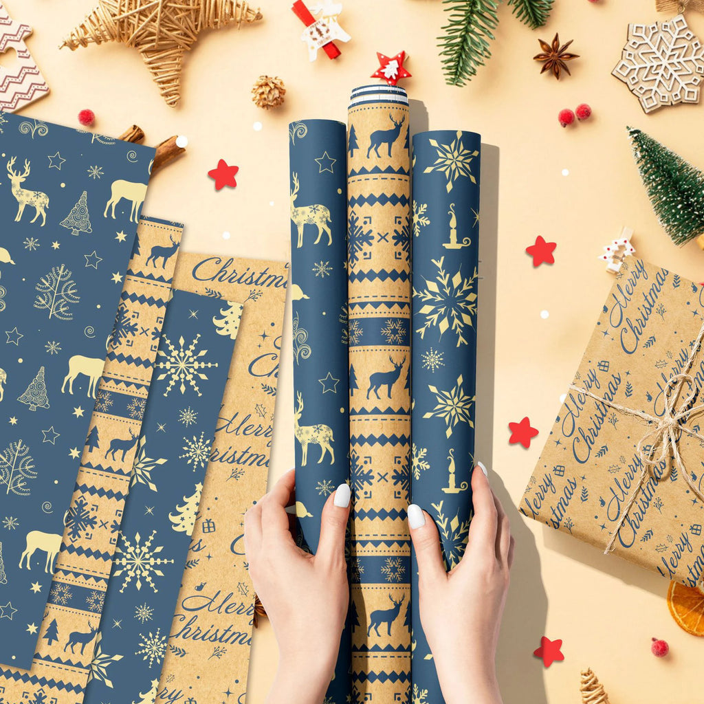 12-Sheet Christmas Kraft Wrapping Paper Set – 4 Festive Designs