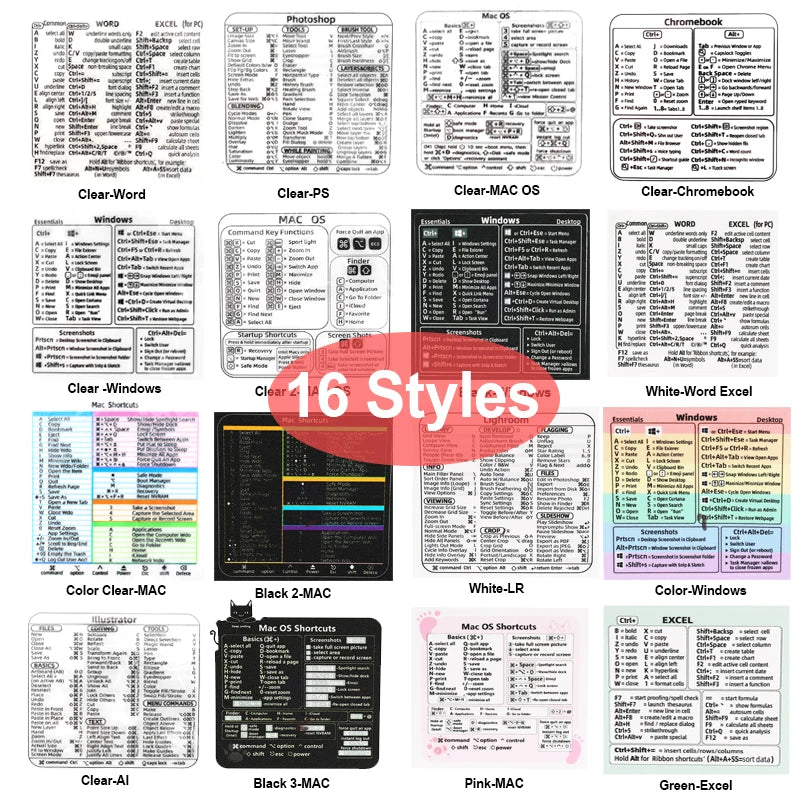 16-Style Keyboard Shortcut Stickers – Waterproof, Universal