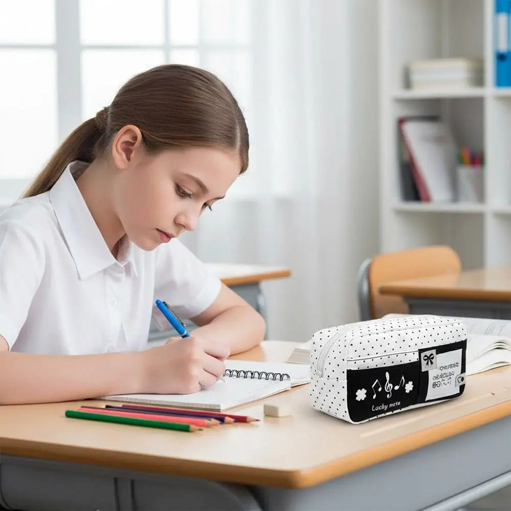 Black Polka Dot Pencil Case – Large Capacity Stationery Pouch