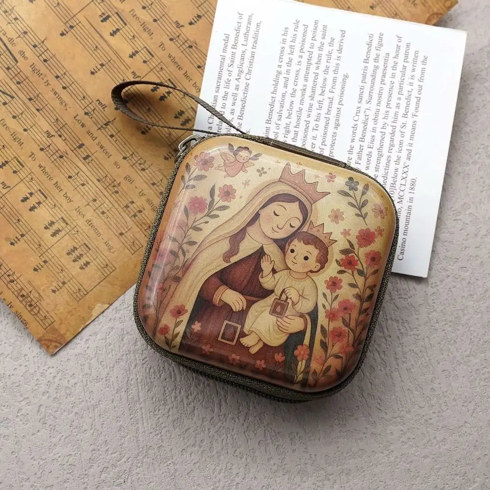Virgin Mary Rosary Storage Bag – Zippered Prayer Pouch 7x7cm