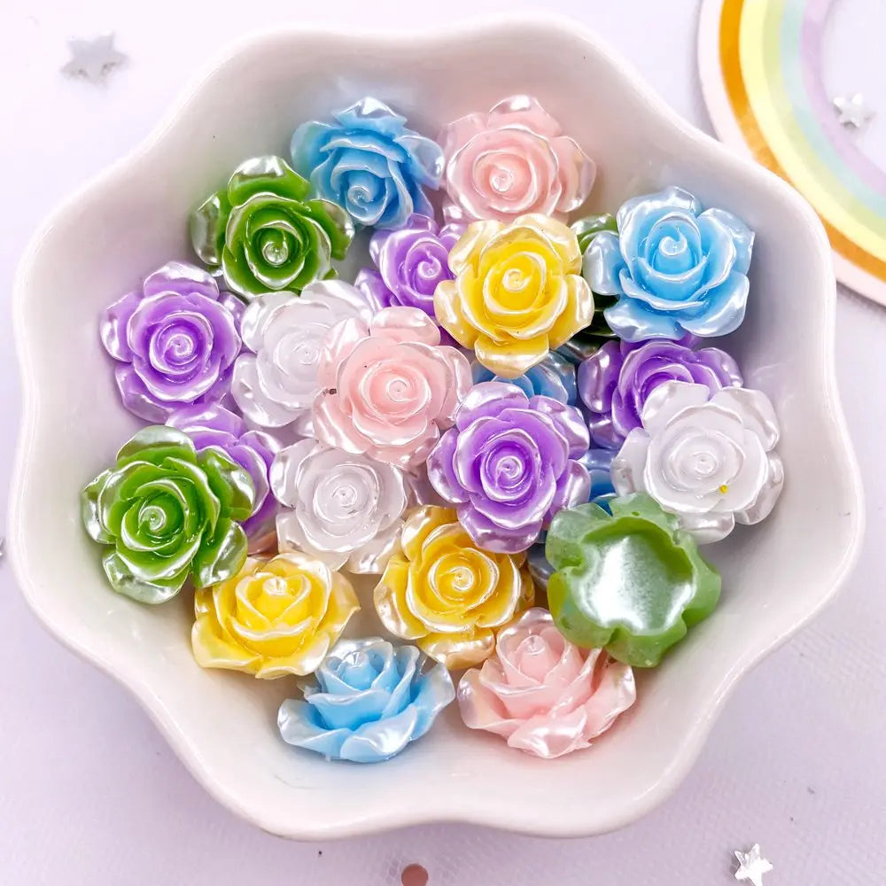 40Pcs 15mm Resin Glitter Pearl Rose Flatback Flower Embellishments