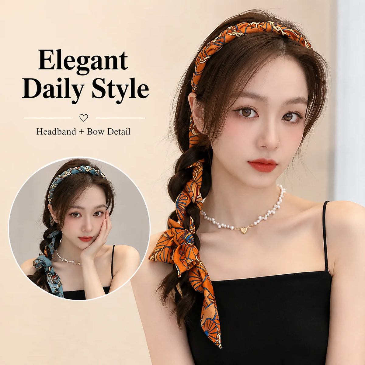 Women's Printed Scarf Bow Headband – Non-Slip Braided Hairband