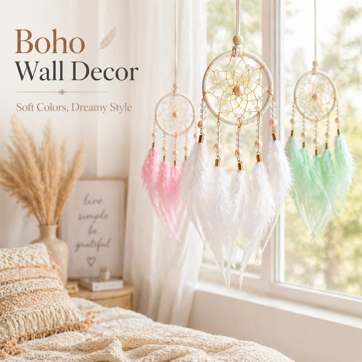 Boho Dream Catcher Ornament – Crystal Beads & Feathers Décor