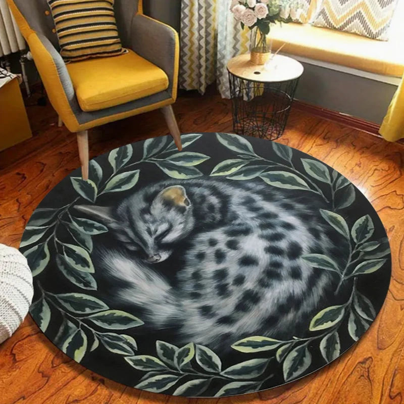 Wolf Couple Round Area Rug – Green Leaf Wreath Print | Cabin Decor
