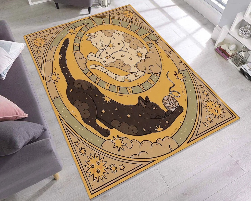 Celestial Yin Yang Cats Area Rug – Boho Sun Moon Star Mat