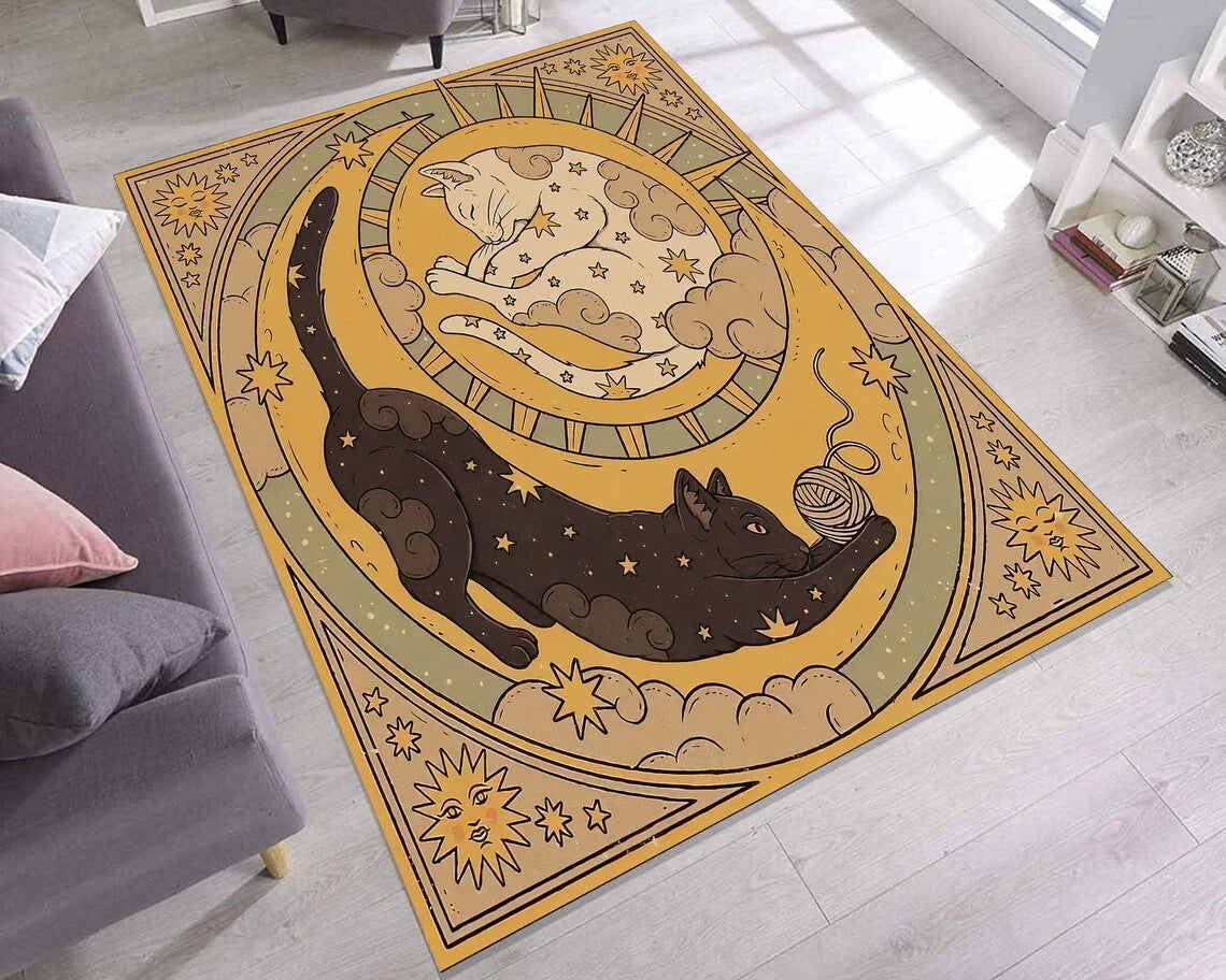 Celestial Yin Yang Cats Area Rug – Boho Sun Moon Star Mat