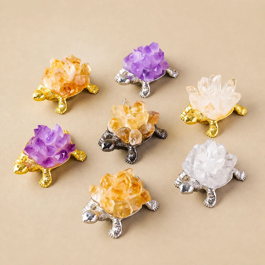 Handcrafted Natural Crystal Turtle Figurine | Alloy Base Décor