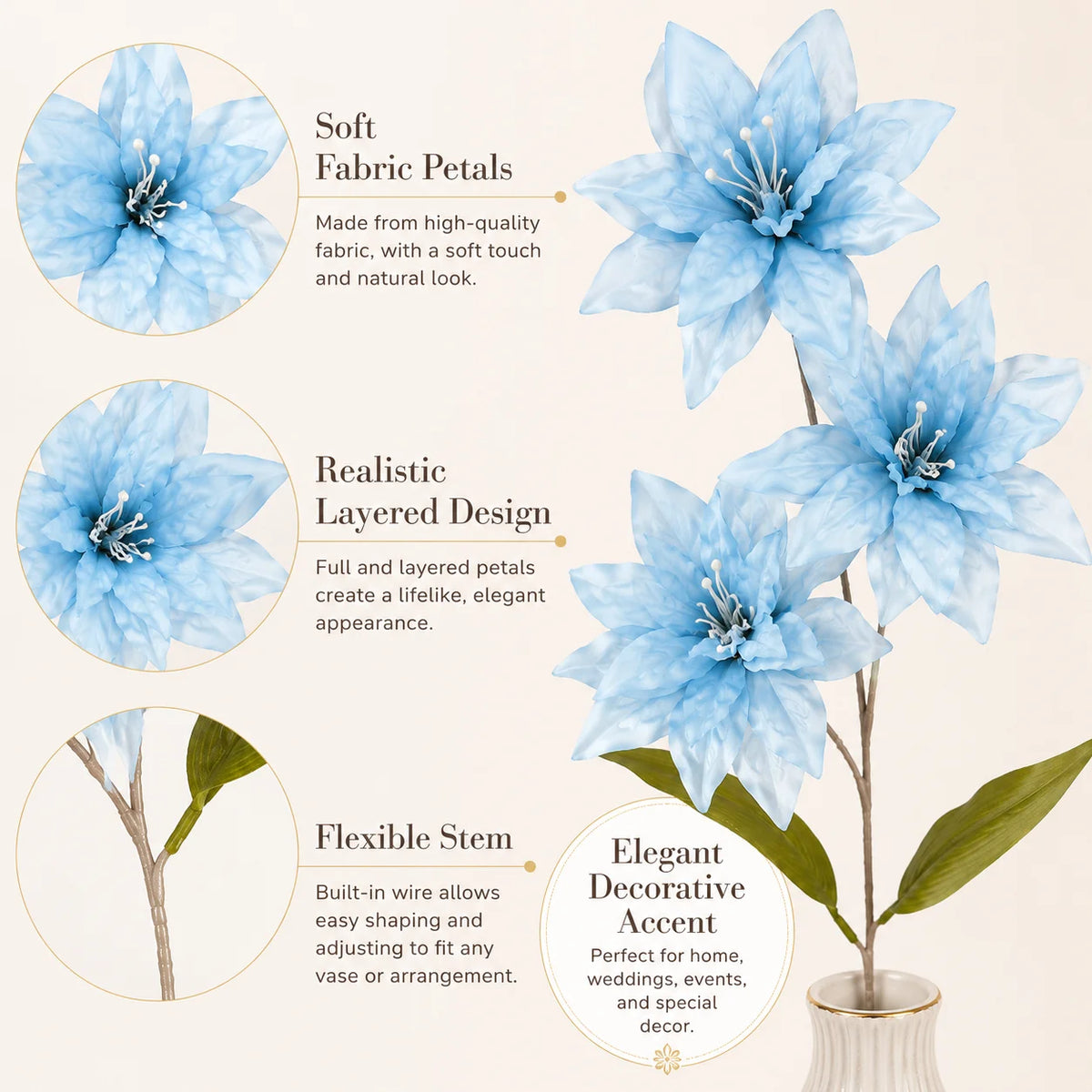 3-Stem Artificial Lily Branches 68cm | Faux Floral Home Decor