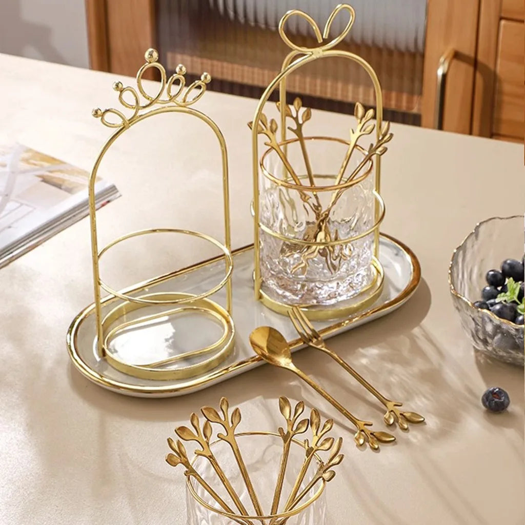 Gold Tone Fruit & Dessert Fork Set with Decorative Holder