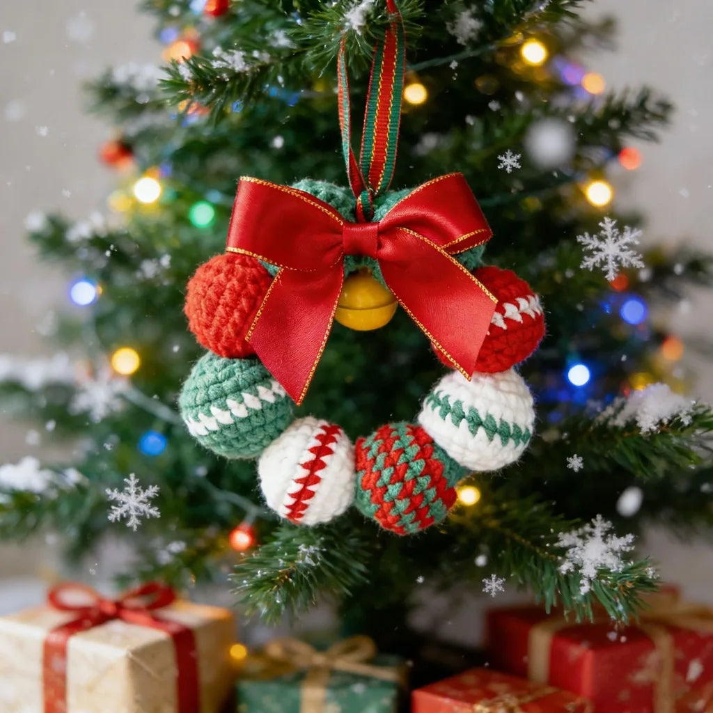 Handmade Crochet Christmas Pom Pom Wreath Keychain Ornament