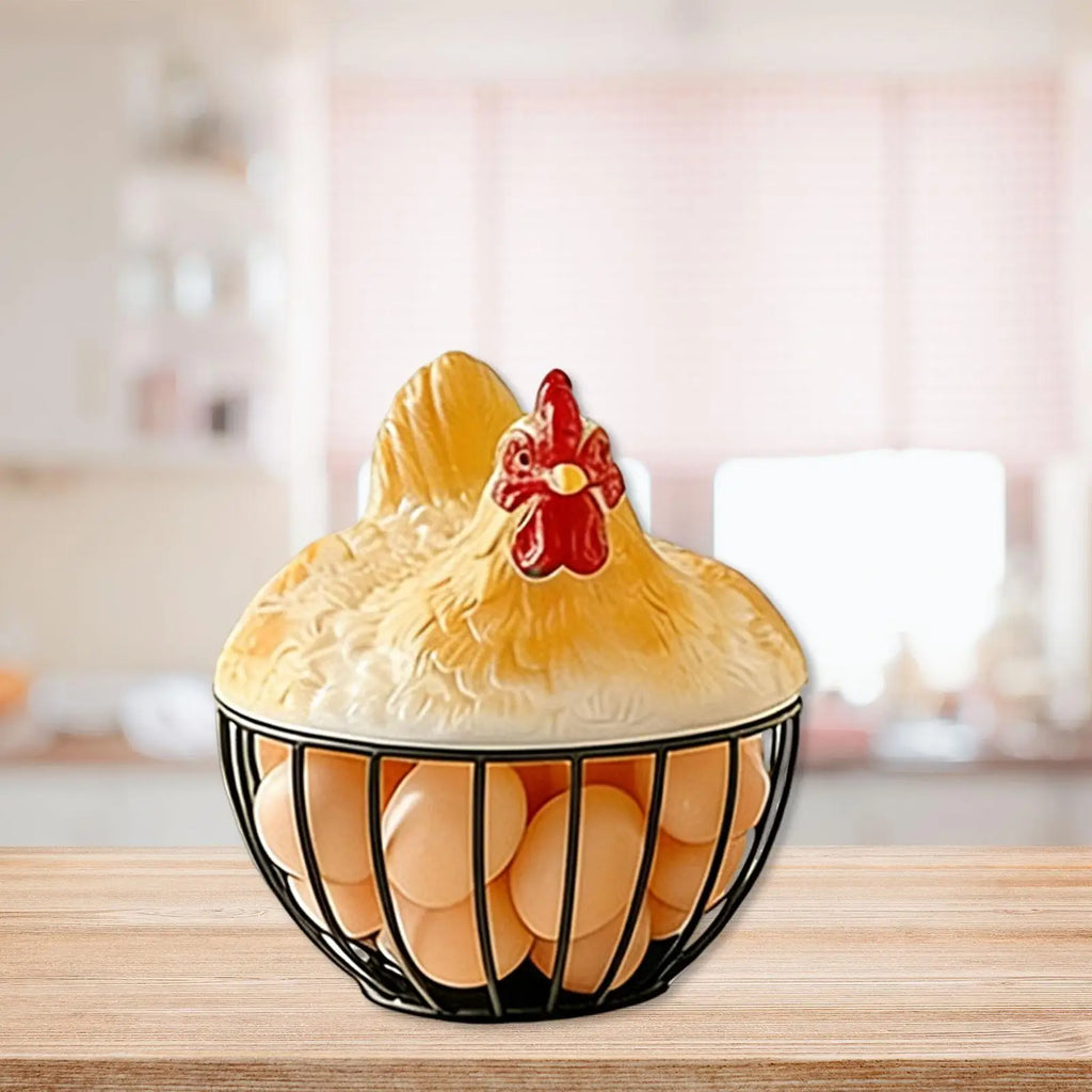 Yellow Chicken Egg Basket with Lid | Iron Resin Storage