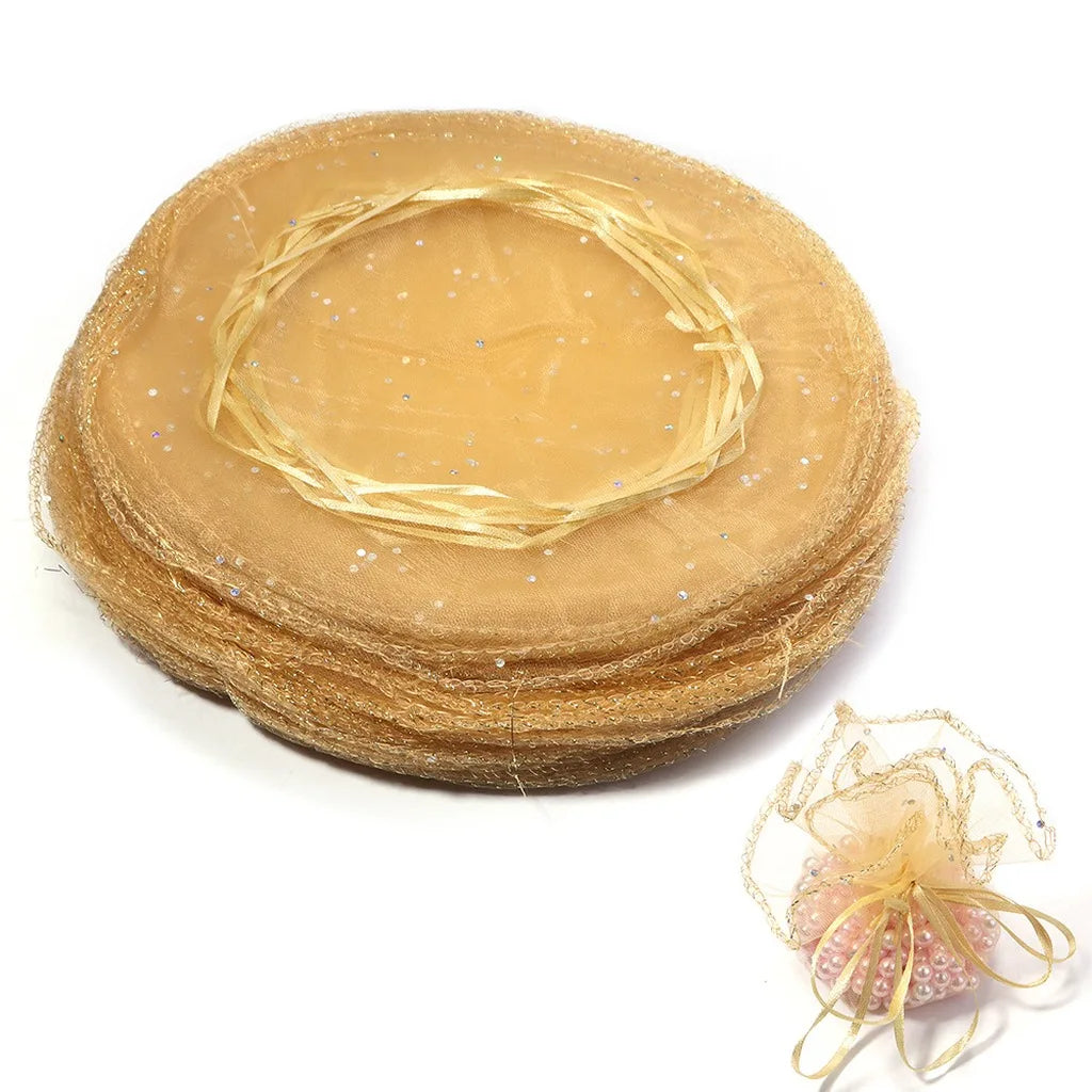 Round Organza Drawstring Gift Pouches – 10pc Sequin Tulle