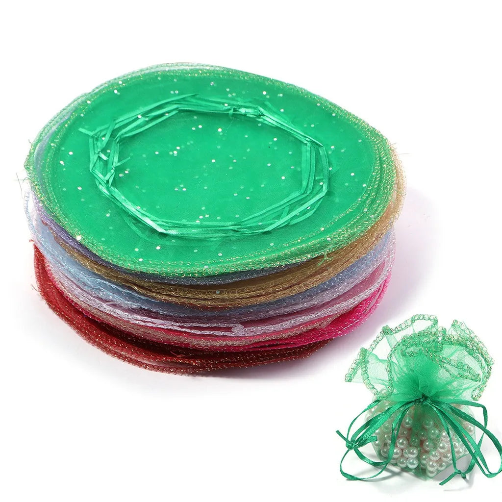 Round Organza Drawstring Gift Pouches – 10pc Sequin Tulle
