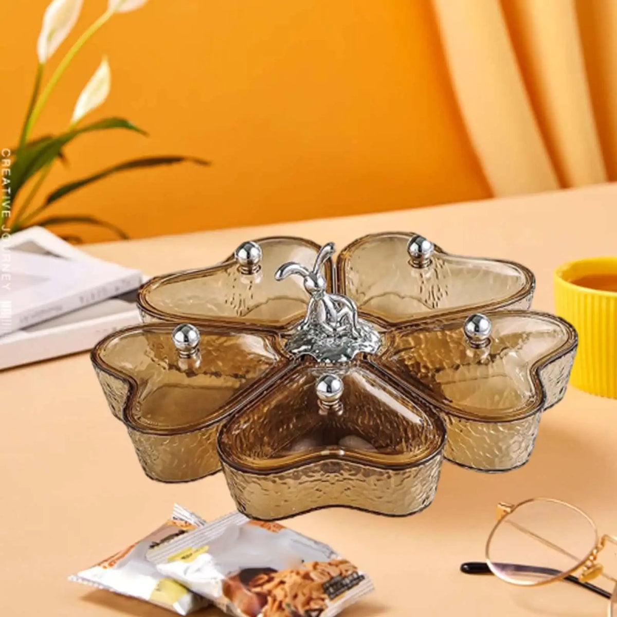 Divided Appetizer Platter with Lid & Rotating Base – 5 Sections