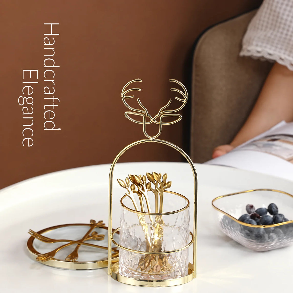 Gold Tone Fruit & Dessert Fork Set with Decorative Holder