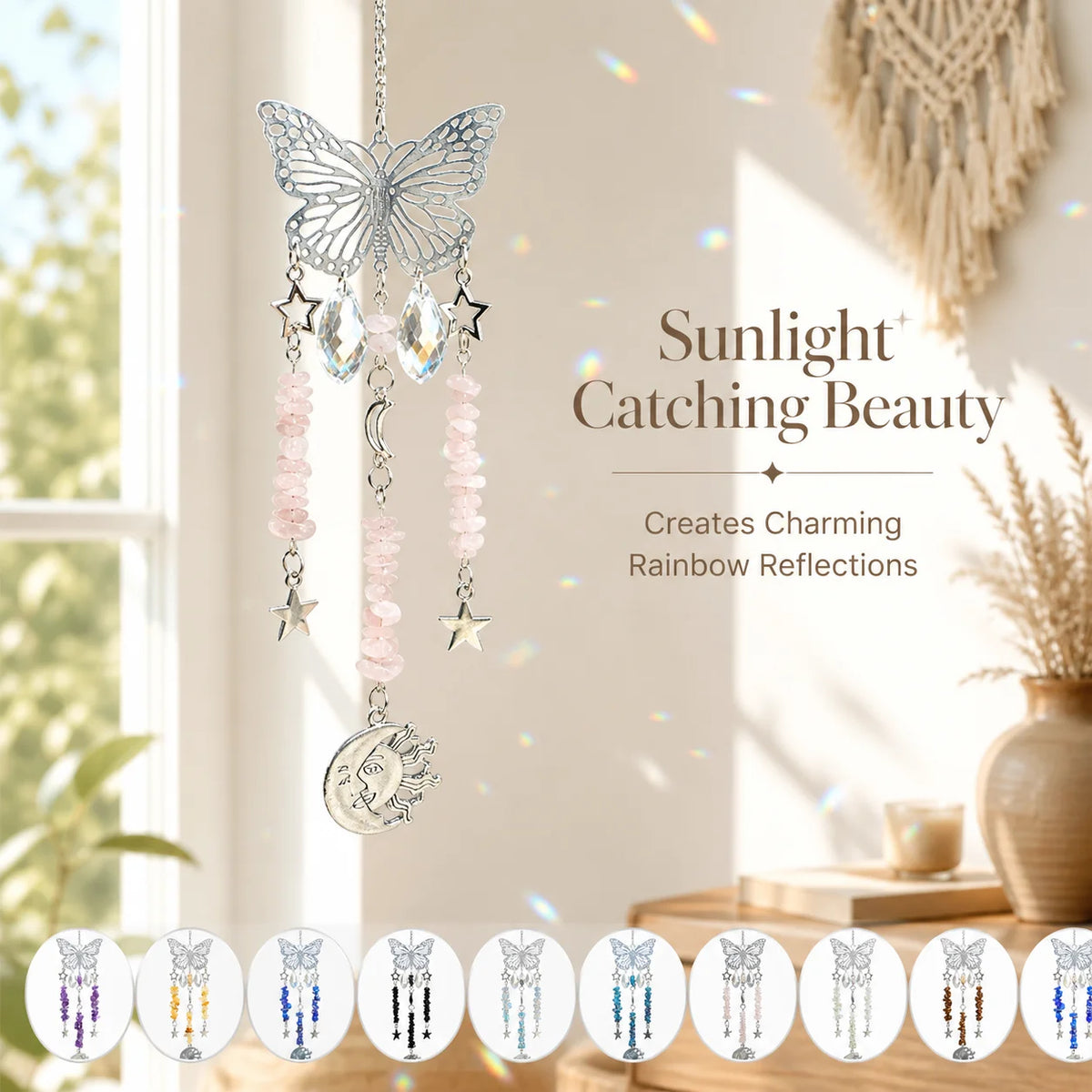 Butterfly Crystal Sun Catcher – Gemstone, Moon & Star Charms