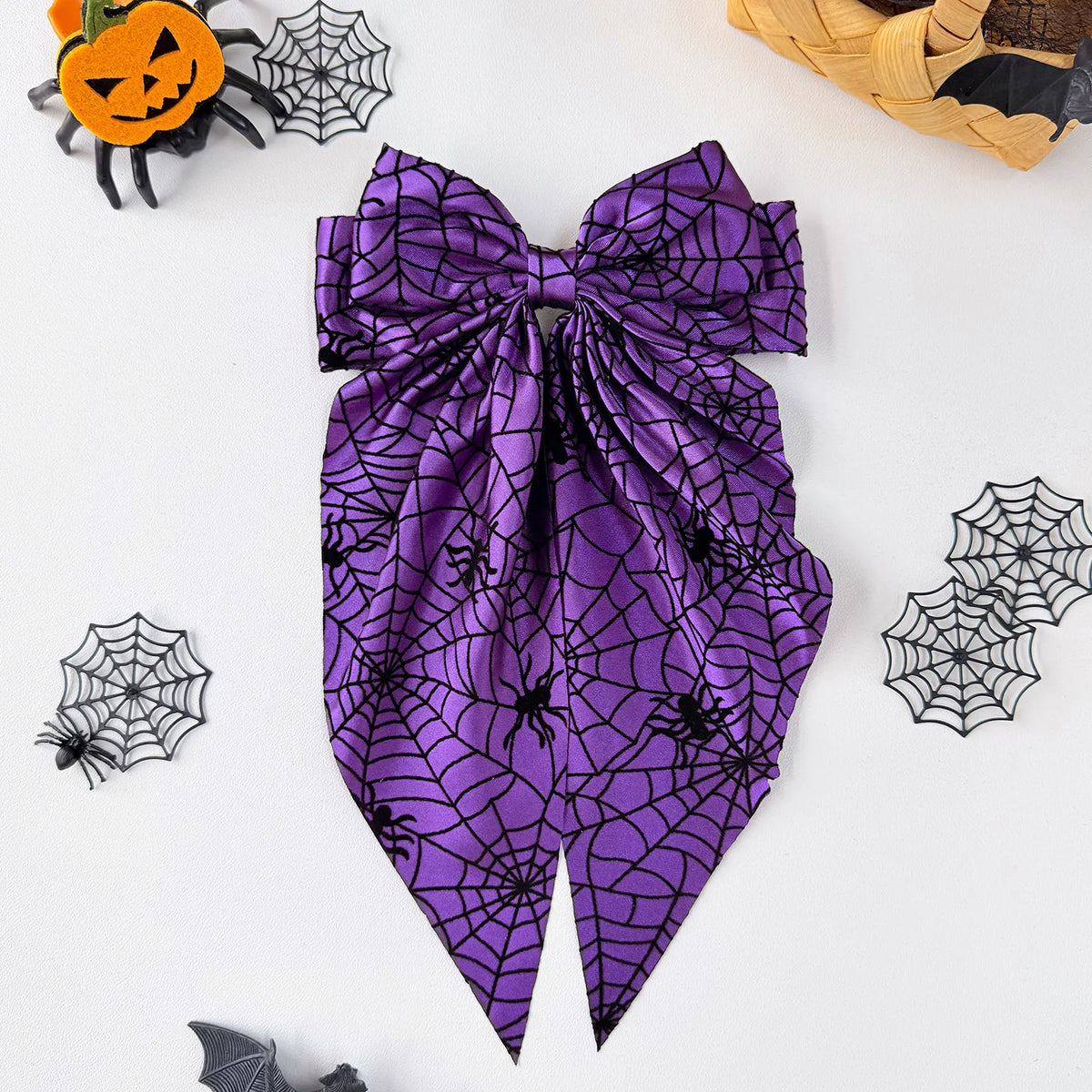 Halloween Satin Bow Hair Clip – Spider Web Pumpkin Barrette