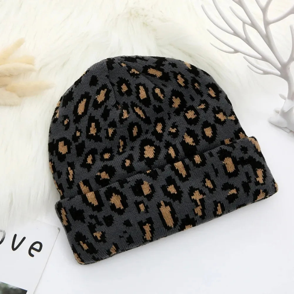 Leopard Print Jacquard Knit Beanie | Unisex Winter Skullcap