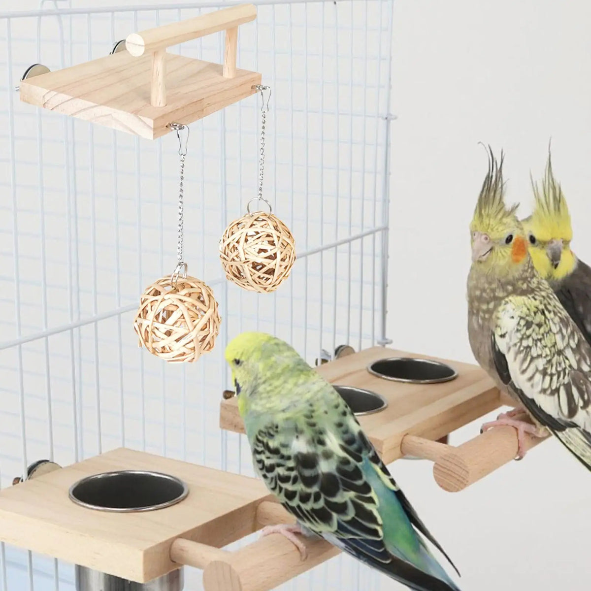 Wooden Bird Parrot Perch & Cage Hanging Stand Toy