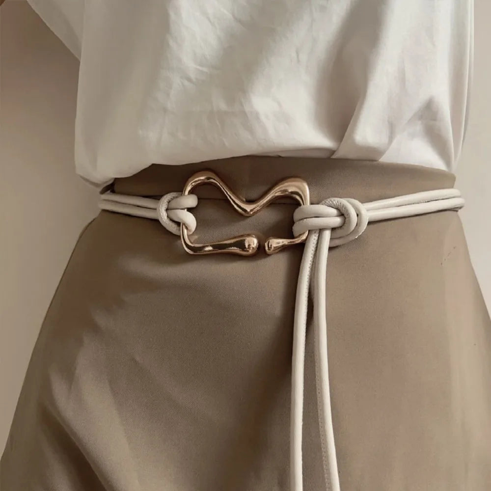 Women's Thin PU Leather Knotted Waist Belt – Golden Buckle