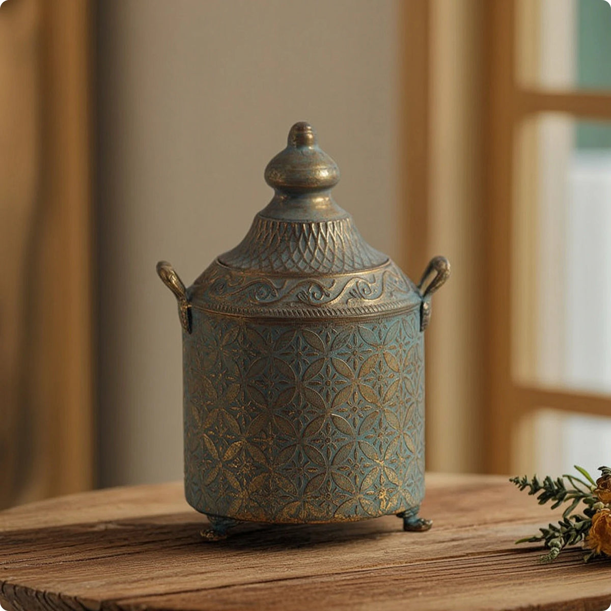 Patina Metal Lidded Vase with Handles | Sculptural Home Décor