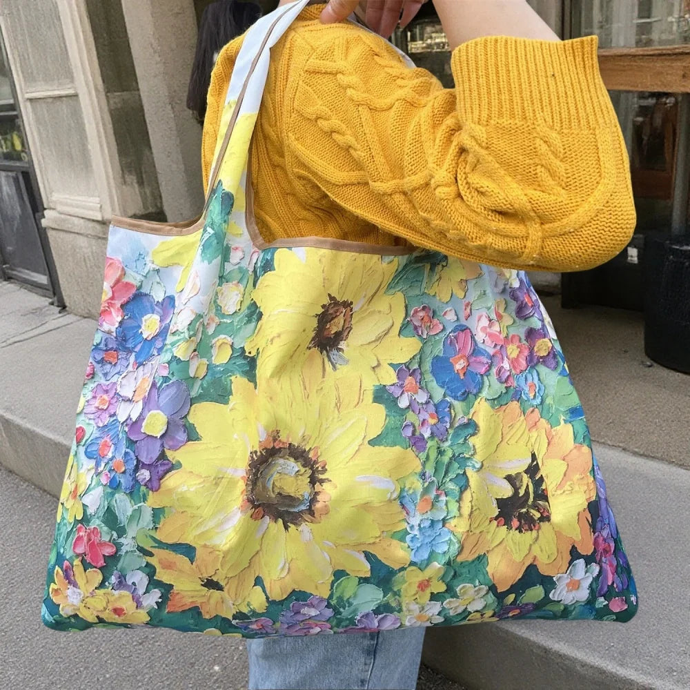 Oil Painting Print Foldable Tote Bag | Large Reusable Shopper