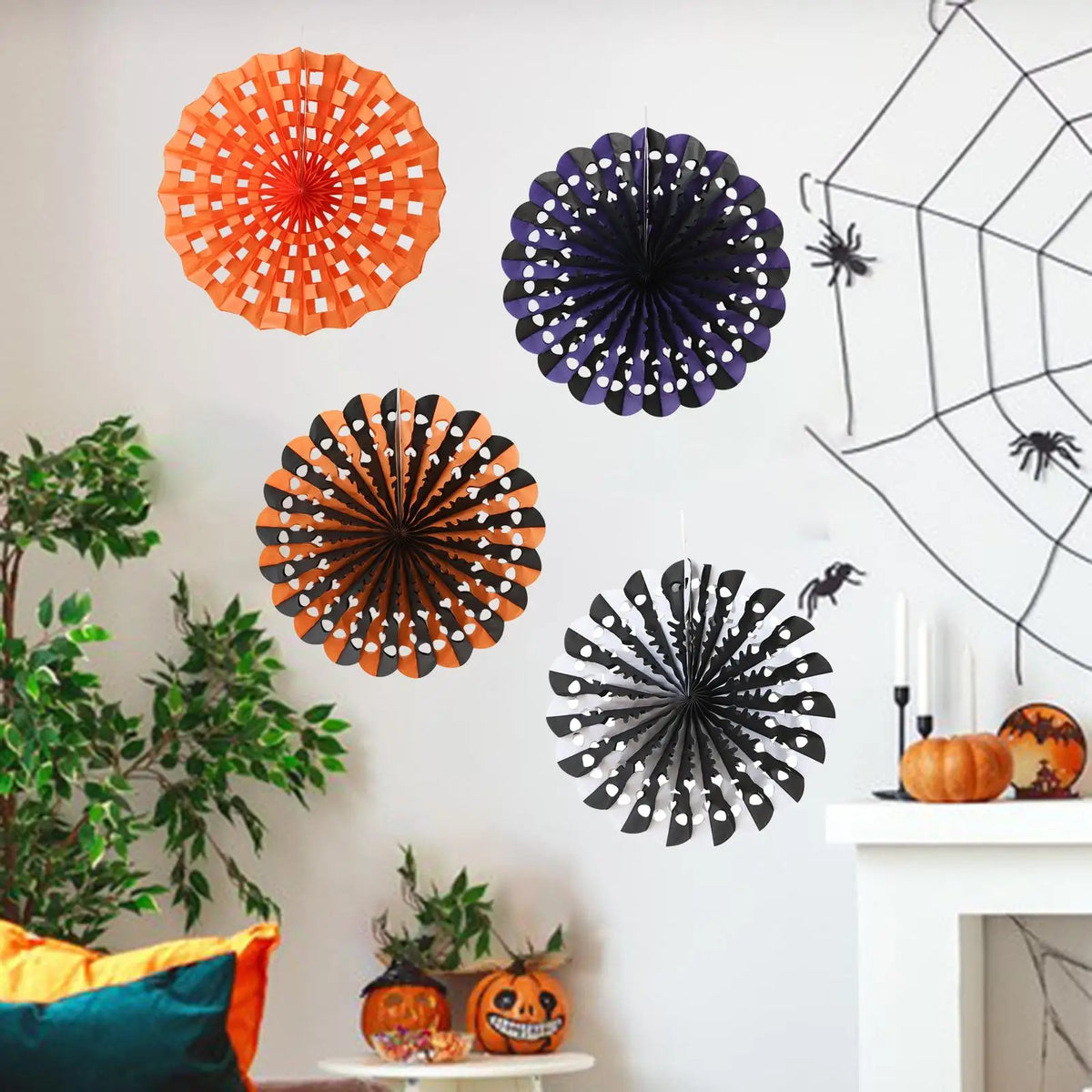 Halloween Skull Hanging Paper Fan Decorations – 4-Piece Set