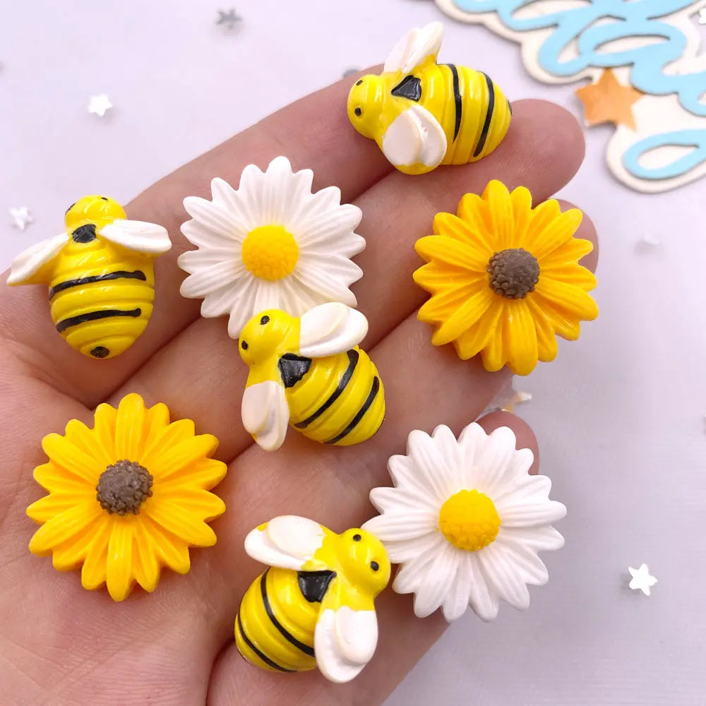 10PCS 3D Resin Bee & Flower Flat Back Figurines for DIY Crafts