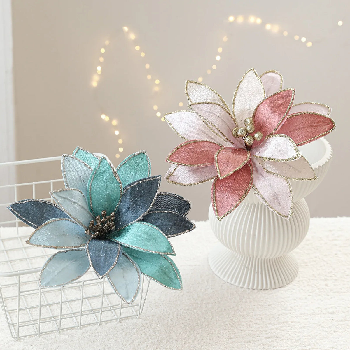 Gold Glitter Christmas Flower Garland Ornament 25cm