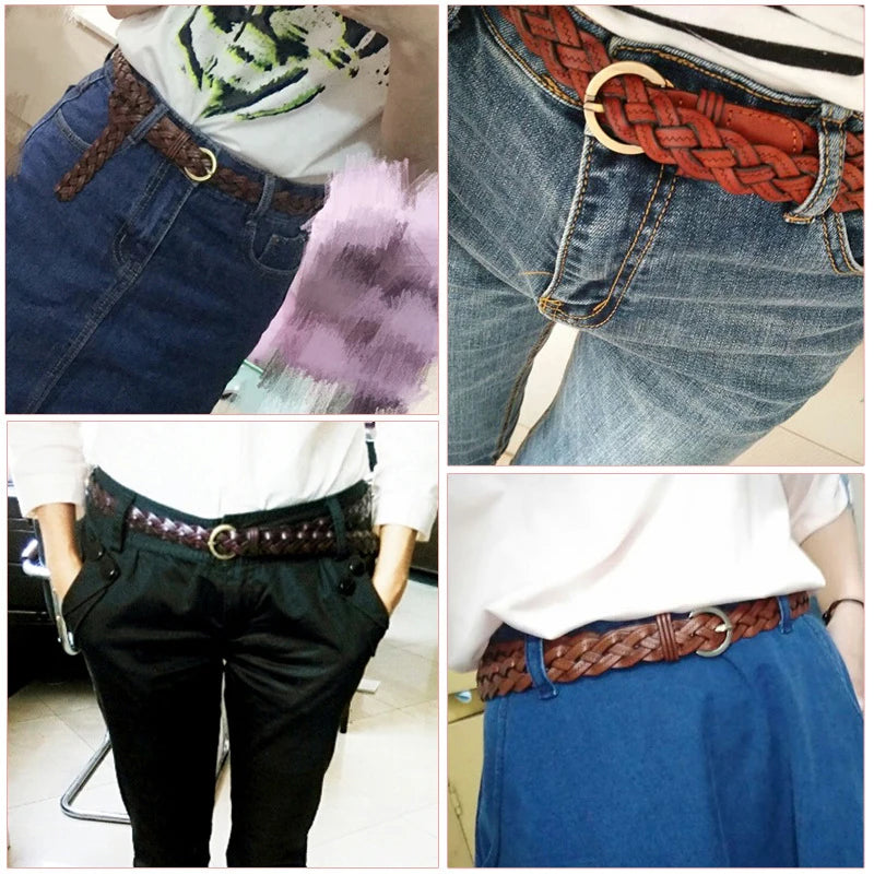 Women's Braided Faux Leather Belt – Gold Round Buckle