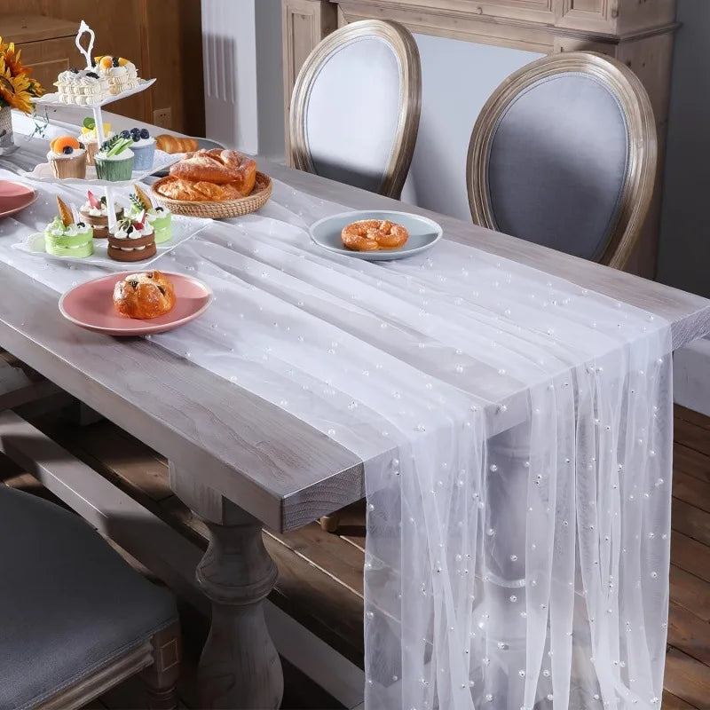 White Pearl Tulle Mesh Table Runner – Wedding & Party Décor