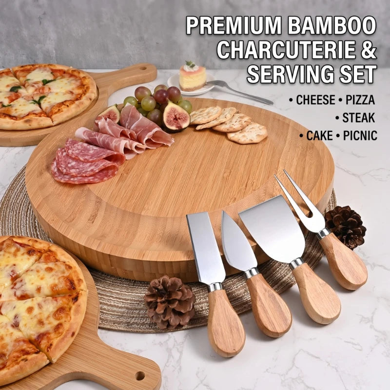 Round Bamboo Cheese Board Set with Knife Drawer – 5-Piece
