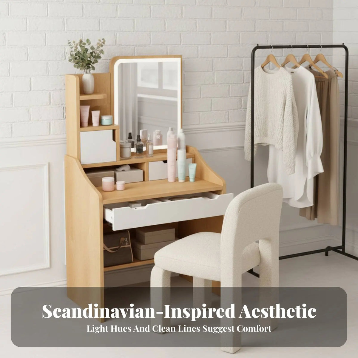 Modern Vanity Set with Lighted Mirror & Large Storage