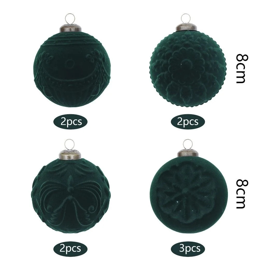 9-Piece Flocked Embossed Christmas Baubles Set – 8cm Ornaments