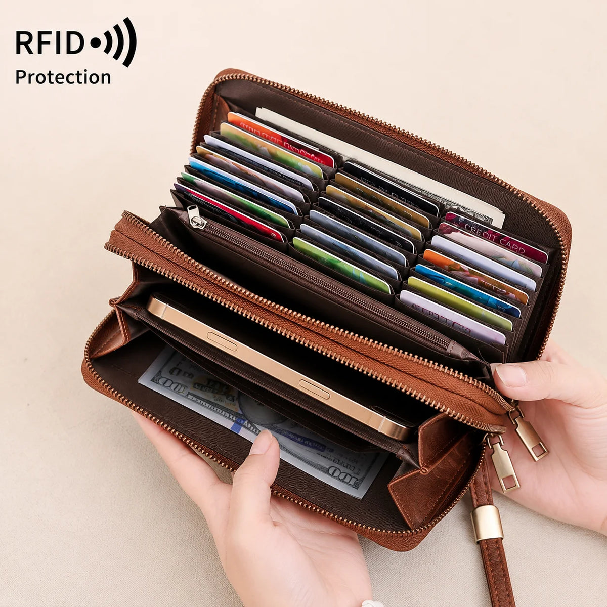 RFID Blocking Women's Long Wristlet Wallet | Double Zipper