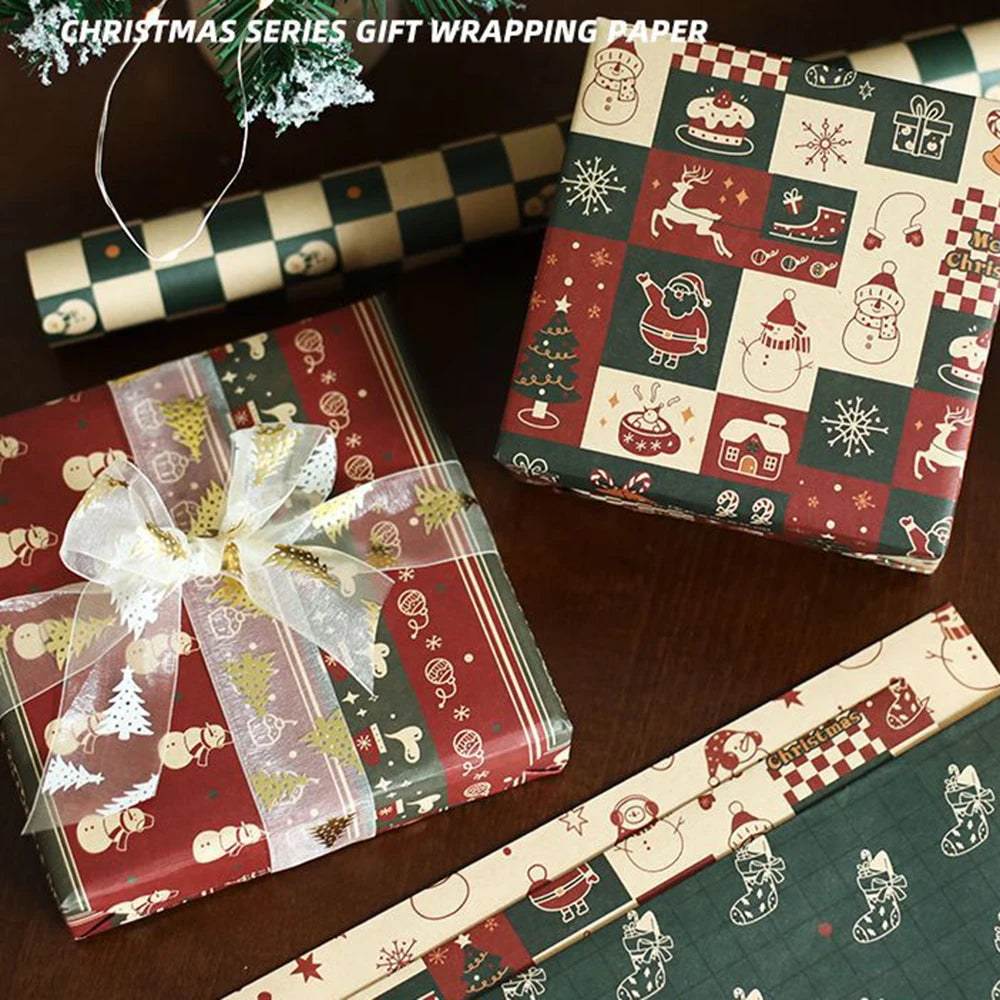 6-Sheet Christmas Kraft Wrapping Paper – Elk, Santa & Snowman