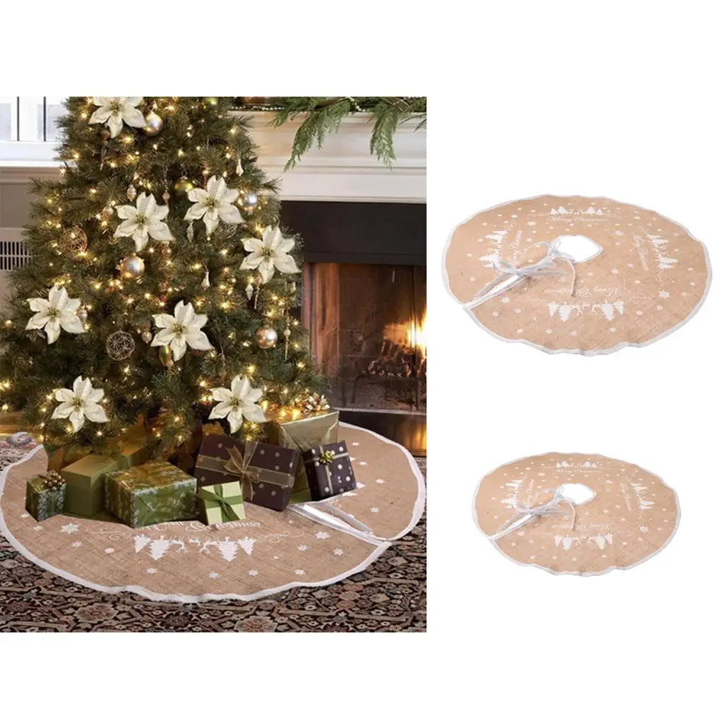 Rustic Linen Christmas Tree Skirt – Snowflake Print | 2 Sizes