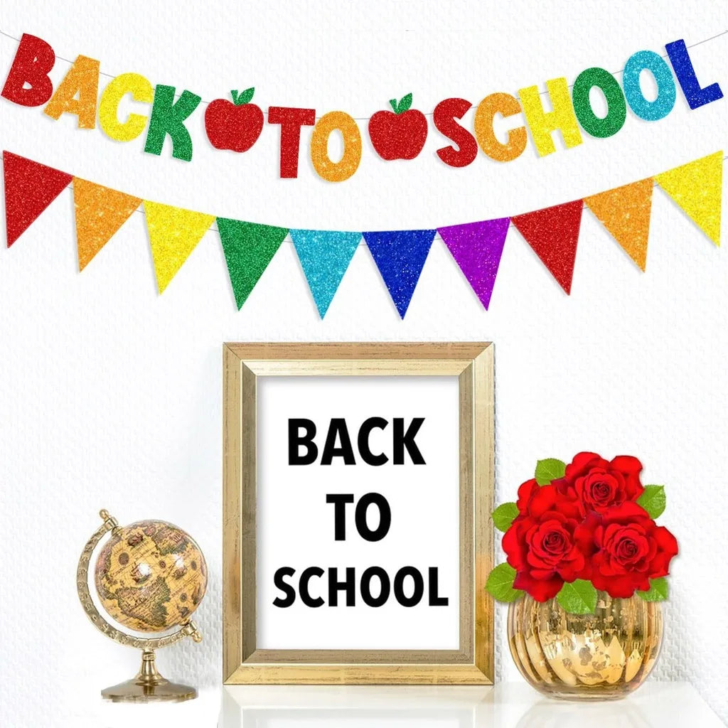 2-Pack Glitter Back to School Banner & Triangle Bunting Set