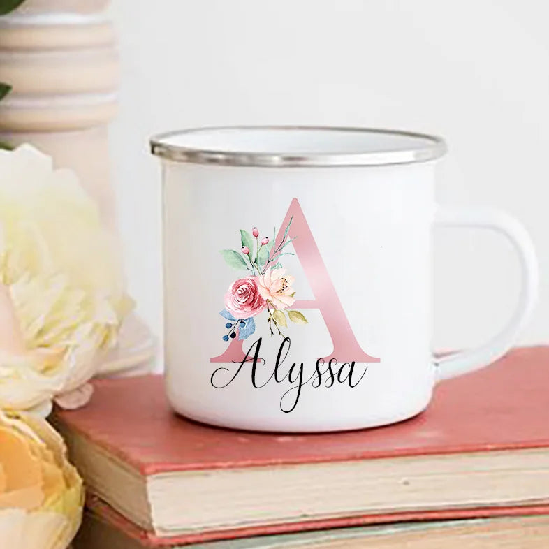 Personalized Floral Initial Enamel Mug – Custom Name Gift